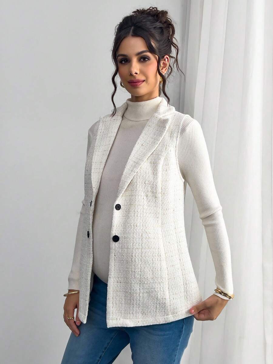 SHEIN 孕妇格纹双排扣无袖休闲夹克 - 白色 - 查看 1