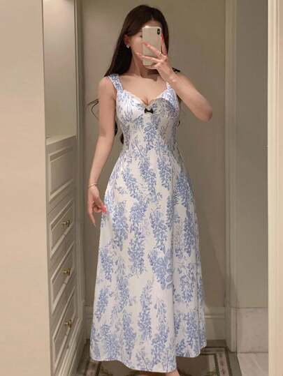 DAZY 植物图案全印花收腰长款吊带连衣裙