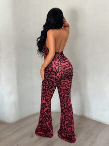 SHEIN SXY Women's Leopard Print Backless Deep V-Neck Jumpsuit - Red - View 2
