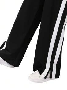 1 件青少年时尚简约百搭设计罗纹拼接腰带运动裤，适合秋冬日常休闲通勤穿着 - 黑色 - 查看 3