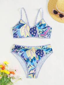 Swim Vcay 2 件套女士夏季沙滩装，随机颜色花卉印花吊带上衣和高腰下装泳衣 - 彩色 - 查看 5