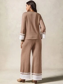 Boho Mama 2pcs Maternity Casual Loose Fit Long Sleeve Knitted Sweater Top And Wide Leg Pants Set ,Fall Women Clothes,Fall Outfits For Women