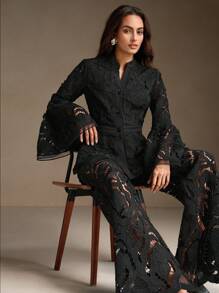 Anewsta Pantalones rectos sin estiramiento casuales y elegantes para mujer con diseño calado - Negro - Ver 3