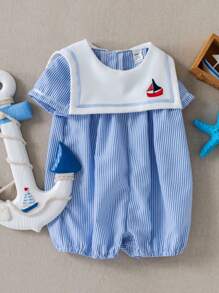 PrepCrw Baby Boy Collegiate Style Colorblock Sailor Collar Shortall - Blue and White - View 1