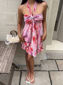 SHEIN EZwear Damen Urlaub Blume Muster Neckholder Chic Minikleid Rosa Blumen Sommerkleid Rosa Sommerkleid Sommer Sommerkleid Neckholder Sommerkleid