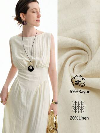 Aalyst Women's Elegant Simple Sophisticated Casual Dress For Commute,Office,Vacation,Afternoon Tea,Music Festival,Beer Festival, Spring/Summer, Linen-Like Fabric, Mandarin Collar, Waist Sash, Side Ruched, Sleeveless, Maxi Length