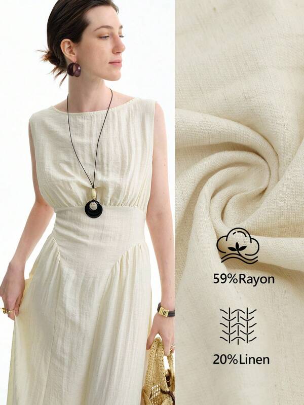 Aalyst Vestido elegante, sencillo y sofisticado para mujer, apropiado para ir al trabajo, vacaciones, té por la tarde, festivales de música y cerveza, primavera/verano, hecho de tela similar al lino, con cuello mandarín, cinturón en la cintura, drapeado lateral, sin mangas y longitud maxi