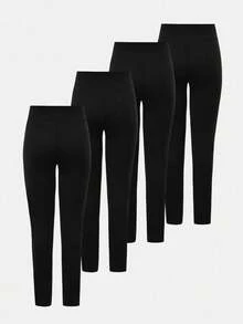 SHEIN Girlism Pacote com 4 leggings pretas para meninas adolescentes, calças de camada de base confortáveis e casuais versáteis, compre 1 e leve 3 - Preto - Ver 2