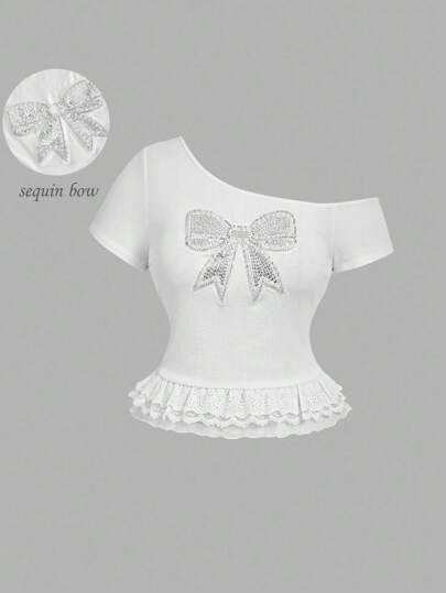 SHEIN MOD Plus Size Asymmetrical Collar White Ribbed Short Sleeve T-Shirt, Lace Trim Patchwork, 3D Pearl Embroidered Bow Decor, Suitable For All Seasons - Spring & Summer,Back To School Clothes,Cute Summer Outfits,Cute Tops School,Romwe Women