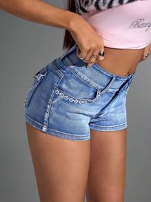 Jeanoix 女士夏季休闲街头弹力刺绣铆钉水洗牛仔短裤