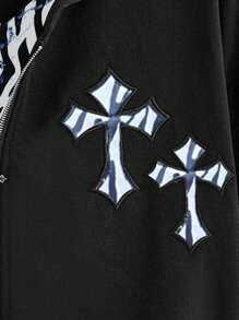ROMWE Goth Áo hoodie 2 trong 1 họa tiết chữ thập và ngựa vằn - màu đen - Xem 4