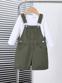 SHEIN Vintaside Kids Young Boy Casual Vacation Style Denim Suspender Shorts