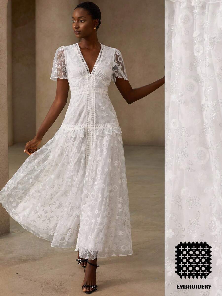 Zanirela White Floral Summer Elegant Vacation Holiday French Style Luxurious Gold Beaded&Lace Trim V-Neck Cinched Waist Maxi Dress For Women - White - View 1