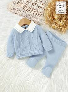 SHEIN Vintaside Kids Toddler Fashion Gentlemen Style Sweater Set, Peter Pan Collar Long Sleeve Top Paired With Newborn Warm Leggings, Simple Yet Stylish Daily Outfit, Make Your Baby Look Like A Little Gentleman - Blue - View 1