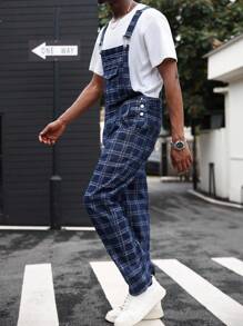 Manfinity Homme Men's Plaid Denim Bib & Brace Overalls, High-Quality Korean Style With Pockets, Straight Leg