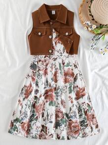 SHEIN Vintaside Kids 青少年女孩休闲优雅可爱背心夹克和花朵印花吊带裙两件套 - 棕色 - 查看 10