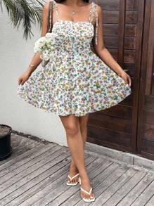 Flirla Plus Size Ditsy Floral Slip Dress With A-Line Hem, Romantic For Vacation - Apricot - View 4