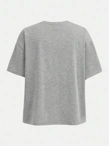 SHEIN 2 件青少年女孩休闲简约字母图案圆领短袖 T 恤和裤子家居服套装 - 灰色 - 查看 7