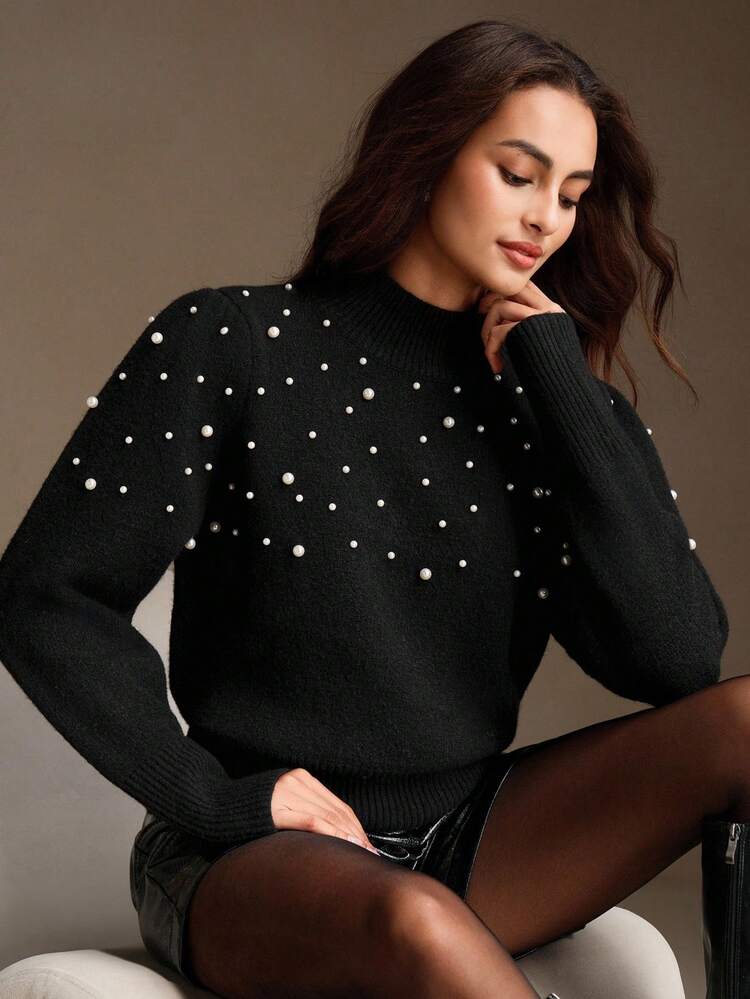 Elegant High Neck Sweater With Embellished Shoulder Pads, Vintage French Design, Suitable For Fall, Winter, Spring, New Year, Party, Wedding, Elegant, Chic, Stylish, Christmas, Business Casual