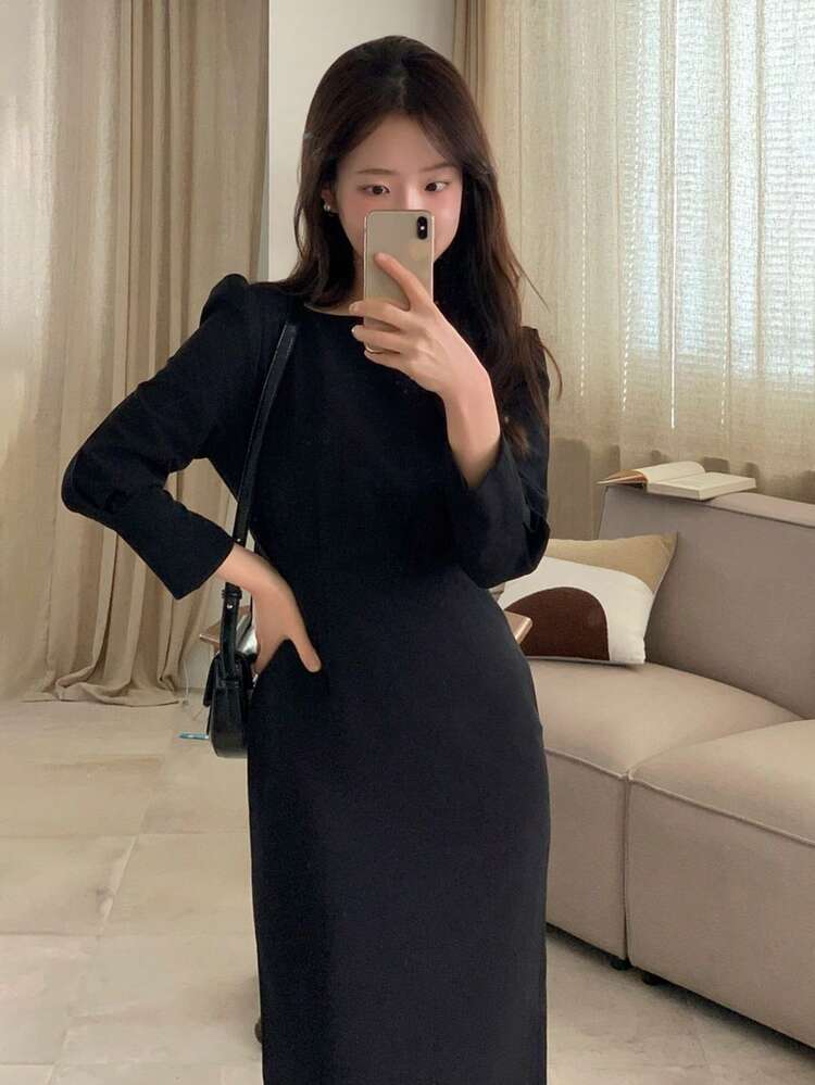 DAZY Women Elegant Contrast Mesh Mid-Length Dress,Fall Dress Long Sleeve Dress - Black - View 7