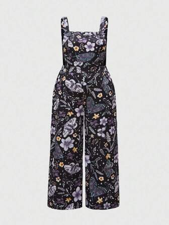 Fairycore Plus Size Women Fairycore Butterfly & Floral All-Over Print Camisole & Wide Leg Pants