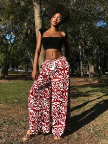 DAZY 波西米亚风印花高腰抽绳宽松阔腿裤休闲运动裤轻薄夏季 - 酒紅色 - 查看 3