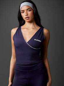 Missguided x Playboy 健身交叉背心 V 领高性能运动上衣吸湿排汗跑步锻炼瑜伽普拉提运动背心 - 寶藍色 - 查看 5