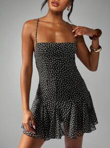 MISSGUIDED Flirty Floral Mini Dress Chiffon Empire Waist Cami Strap Summer Wedding Guest Fit And Flare Ruffle Hem - Black and White - View 6