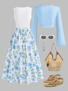 3 件套休闲青少年/年轻女孩秋季长袖上衣，简约白色背心，优雅花卉印花迷你裙，度假乡村风格，小巧 - 淺藍色 - 查看 2