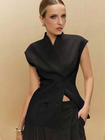 Poéselle Women's Elegant Commuting Solid Color Double-Breasted Thin Blazer In Fall/Winter