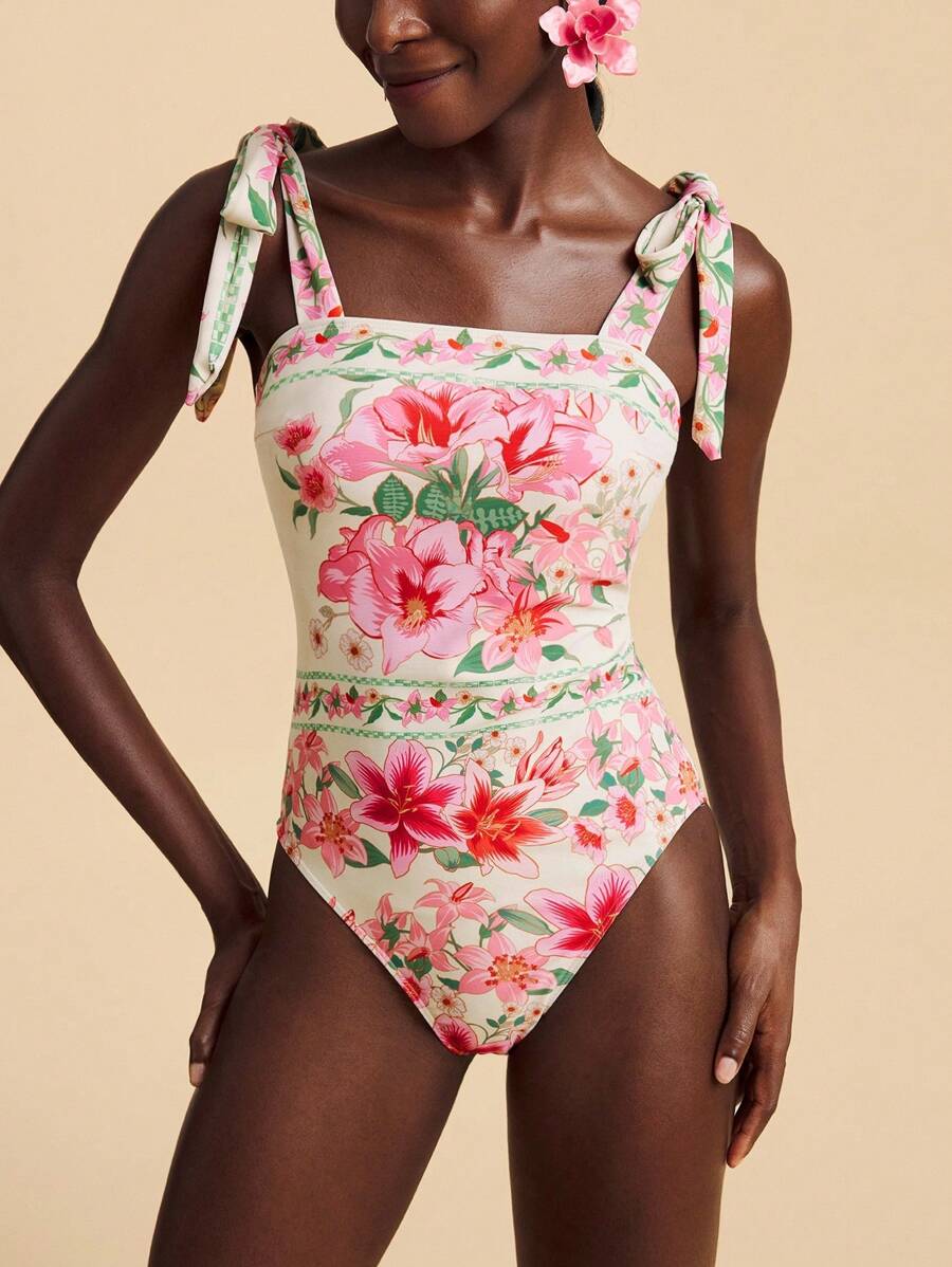 Travachic 1 件女式花卉印花连体泳衣，度假海滩风格