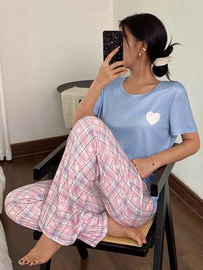 2pcs/Set Girls Cute Pink & Blue Heart Plaid Print Short Sleeve Pajamas Set Heart Pajama Set Pajama Sets For Women Cute Pajama Set Plaid Pajama Set Women Pajama Set  Cozy And Elegant Details
