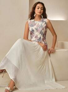 Anewsta 女式蝴蝶蕾丝无袖纹理拼接长款飘逸连衣裙 - 杏色 - 查看 5