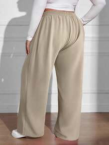 SHEIN EZwear Plus Size Casual Loose Solid Color Elastic Waist Wide Leg Pants,Back To School High Waist Pants - Camel - View 2