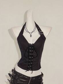 SHEIN ICON 女式夏季性感街头风格简约纯色系带露背背心秋季女装