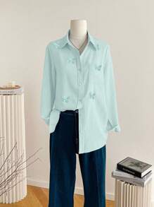 Franclia 3D刺绣蝴蝶长袖衬衫，春季韩版宽松休闲校园时尚上衣，适合大学女生春季秋季服装