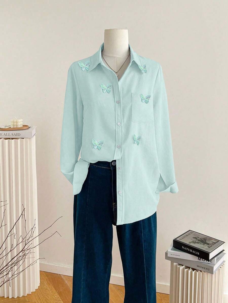 Franclia 3D刺绣蝴蝶长袖衬衫，春季韩版宽松休闲校园时尚上衣，适合大学女生春季秋季服装