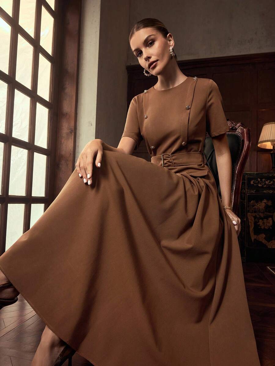 ZEYLAH DOUBLE-BREASTED DECOR BELTED DRESS