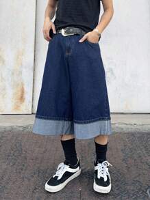 Manfinity EMRG 男士休闲街头风格卷边阔腿牛仔短裤 - 深色水洗藍 - 查看 3