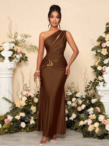 SOLERSUN 女式纯色镂空不对称领口金属装饰紧身连衣裙长款女装 - 咖啡 - 查看 8