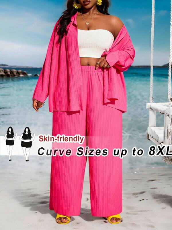 SHEIN CURVE+ Plus Size Deep Pink Beach Vacation Shirt And Pant 2 Pieces Set