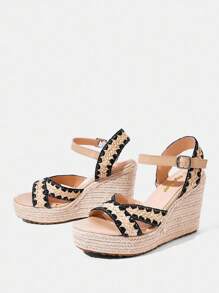 Styleloop Sandalias de plataforma con cuña de cuerda tejida para mujer, estilo de vacaciones BOHO Chic Retro del Oeste Americano para festival de música, zapatos de suela gruesa - Albaricoque - Ver 3