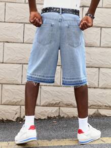 ROMWE MEN Street Life Pantalones cortos vaqueros de hombre con decoración de rhinestones e impresión, aptos para primavera/verano - Azul - Ver 2