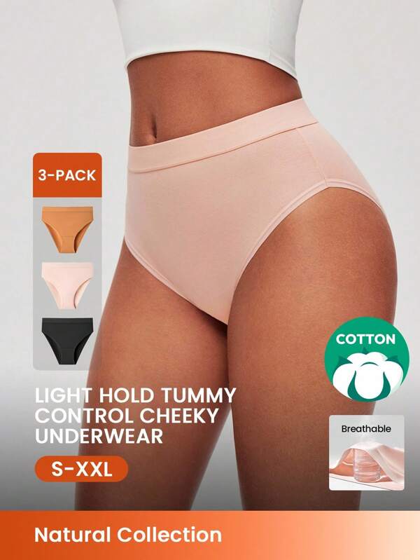 LUVLETTE 3-Pack Airy  Cotton High-Waist High-Leg Cheeky Panties Women Underwear