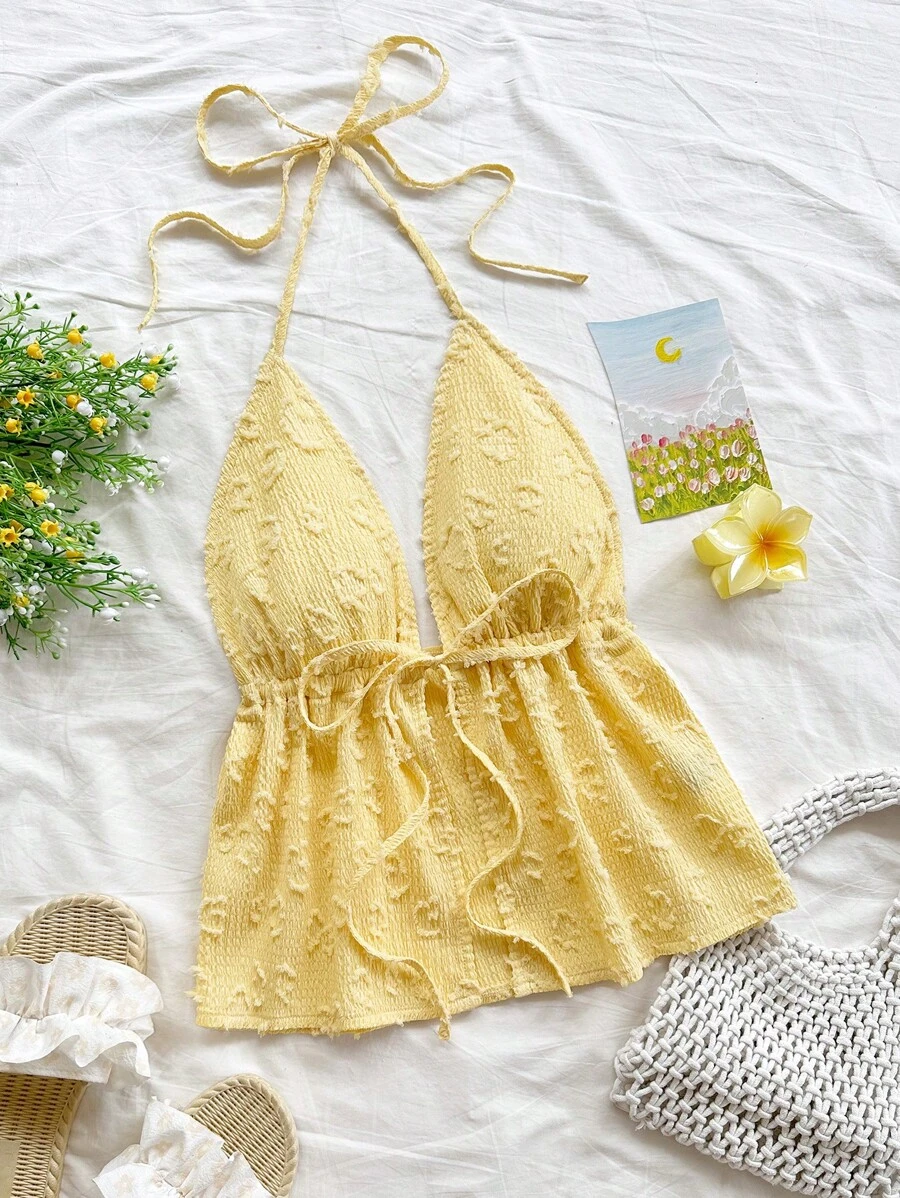 Soleia V 领系带无袖纹理面料白色露背背心，适合假日、约会、情人节、下午茶等休闲穿着 - 黃色 - 查看 1