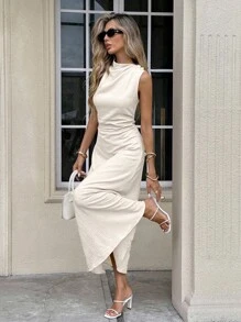 SHEIN Frenchy 女式休闲纯色垂坠无袖褶饰修身连衣裙，夏季 - 杏色 - 查看 1