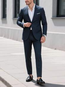 Manfinity Mode Conjunto de chaqueta y pantalón casuales de manga larga con solapa con textura jaspeada para hombre de talla grande - Azul Marino - Ver 6