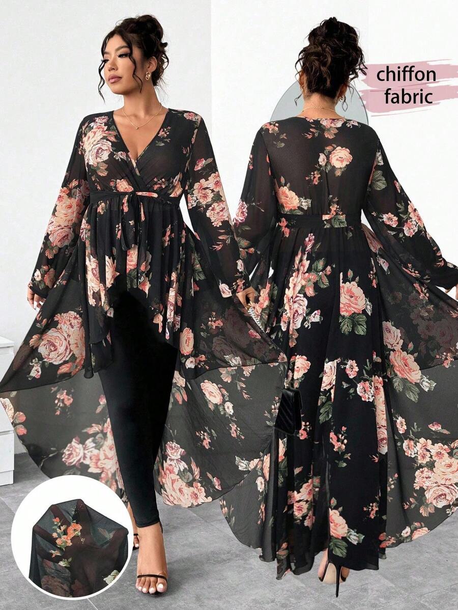 Elenzga 大码女式 2 件套优雅黑色背景大花雪纺长袖 V 领摆束腰上衣和紧身打底裤服装 - 彩色 - 查看 1