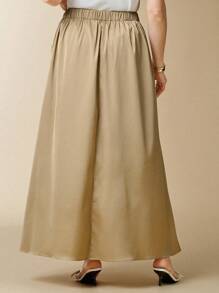 SHEIN Clasi Plus Size Women Khaki Satin Ruched Waist Buttoned Skirt, Elegant For Party, Cocktail, Wedding Fall Women Clothes Fall Clothes Fall Women Outfits