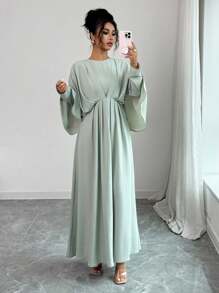 Elenzga Robe maxi élégante et sophistiquée pour femme, style minimaliste et de haute qualité, convient pour le bureau, les déplacements, la plage, les festivals de musique, le thé de l'après-midi, les courses, les croisières. Col rond, 2 en 1 avec plis à la taille et manches chauve-souris, coupe évasée, printemps/été